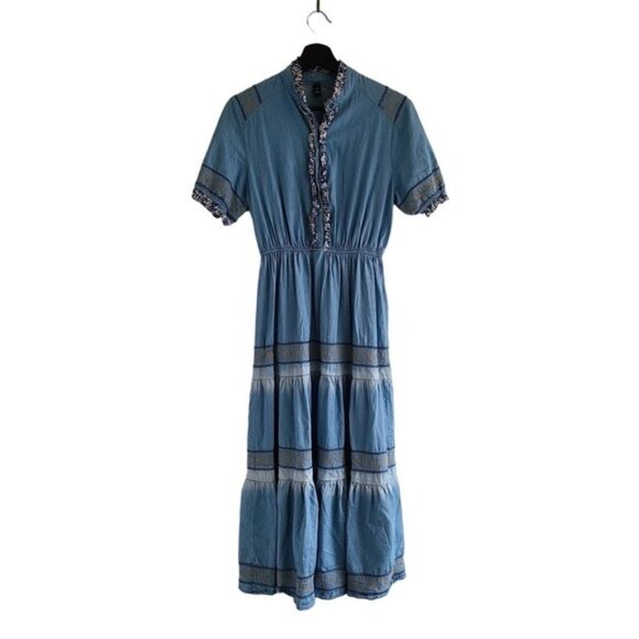 Dress Red + Olive M Blue Embroidered Peasant Boho Midi Tiered Ruffle - Picture 1 of 14